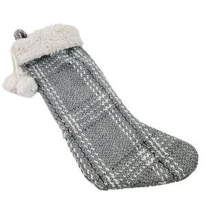 Kohls Stocking Knitted Gray White Plaid Christmas Faux Fur Cuff Pom Poms